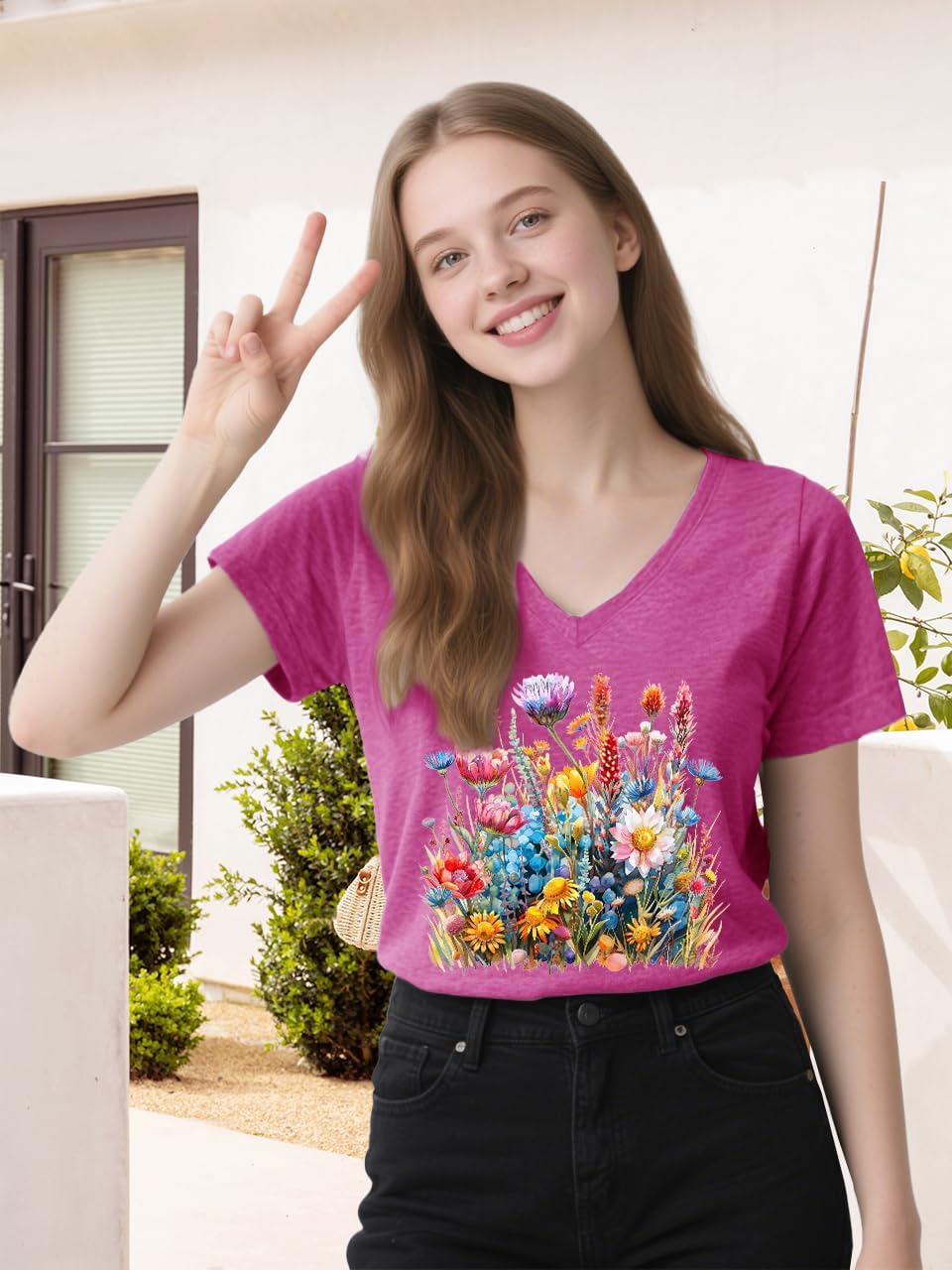 V Neck T Shirts for Women Funny Boho Wildflower Shirt Cute Floral Graphic Tees Short Sleeve Summer Tops - Image 2