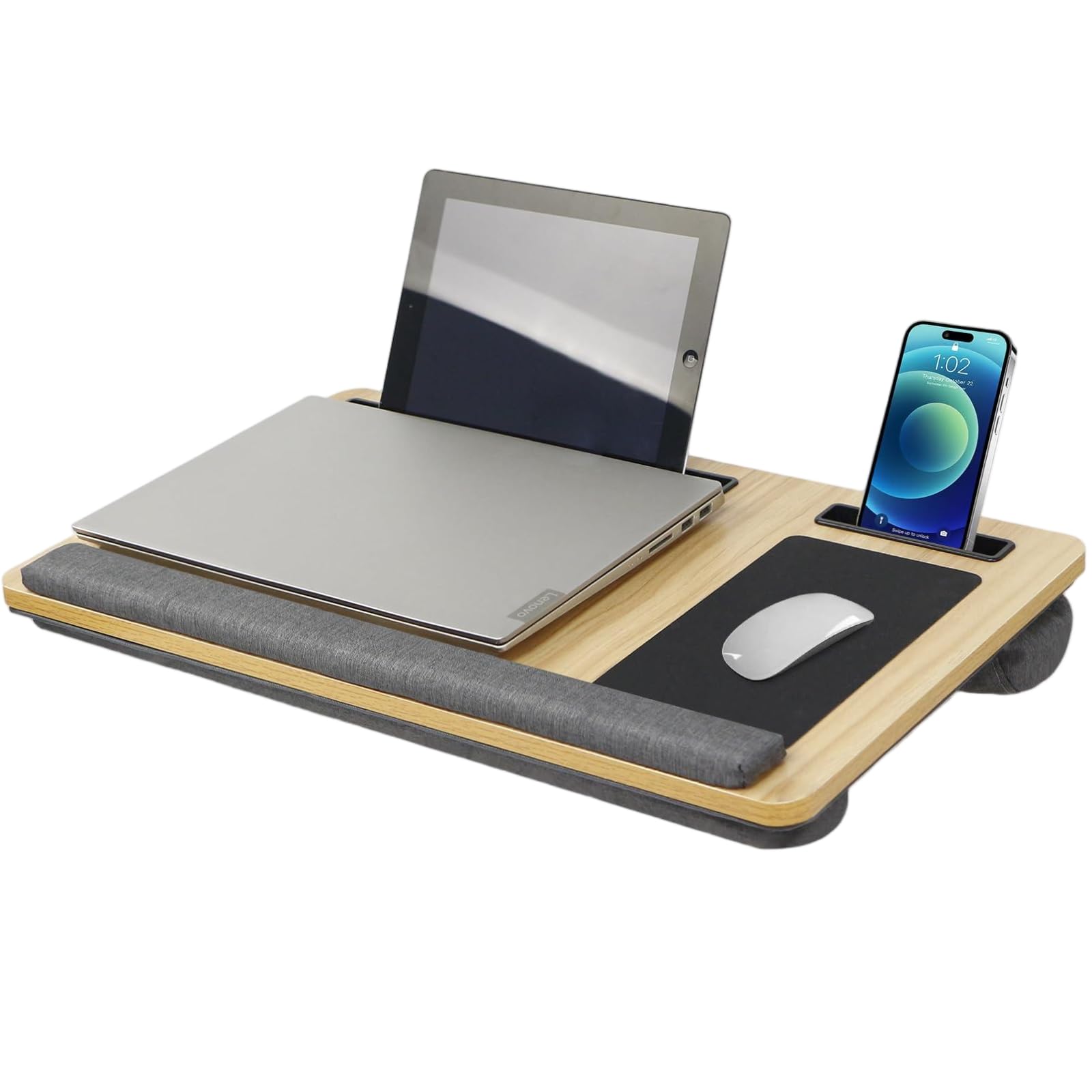 Ergonomic Wood Laptop Tray with Wrist Rest, Portable Lightweight Lap Desk, Tablet & Phone Holder, Fits Laptops up to 17 Inches, Multi-Functional Bed Desk (Beige, 55 * 34cm)