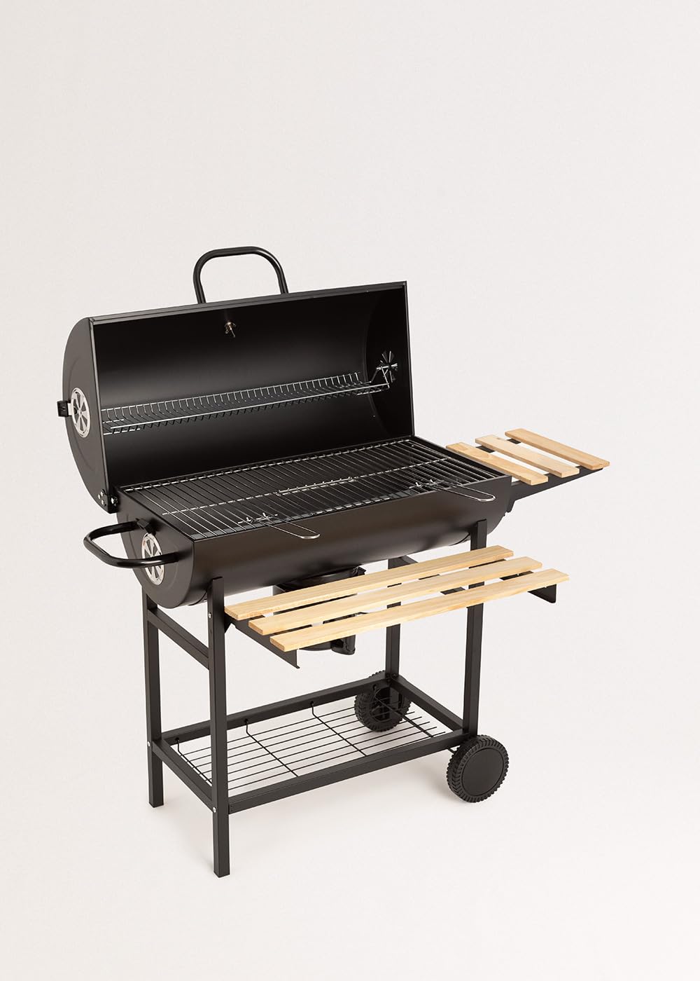 CREATE/BBQ SMOKEY/Barbacoa ahumadora de carbón con ruedas negro/De acero inoxidable, parrilla superior, control de temperatura, bandeja frontral y lateral, fácil de transportar