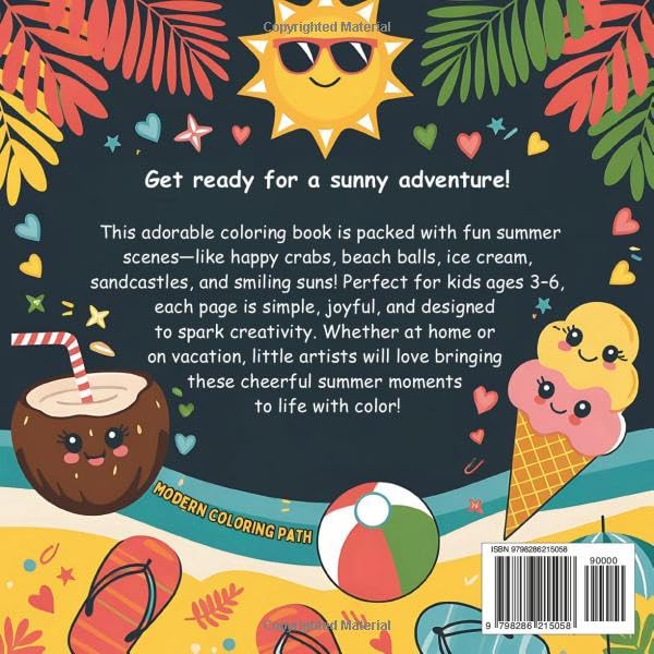 Summer Coloring Book for Kids: Ages 3–6 | 50 Fun and Easy Summer-Themed Coloring Pages for Toddlers and Preschoolers – Includes Beach Scenes, Sunshine, Sandcastles, Crabs, Ice Cream, and More! image 3