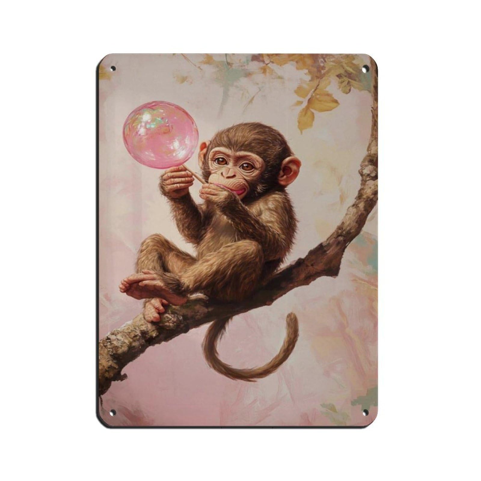 Cute Baby Monkey Blowing Bubble Art Tin Sign Vintage Metal Pub Club Cafe Bar Home Wall Art Decoration Poster Retro 12x16inch(30x40cm)