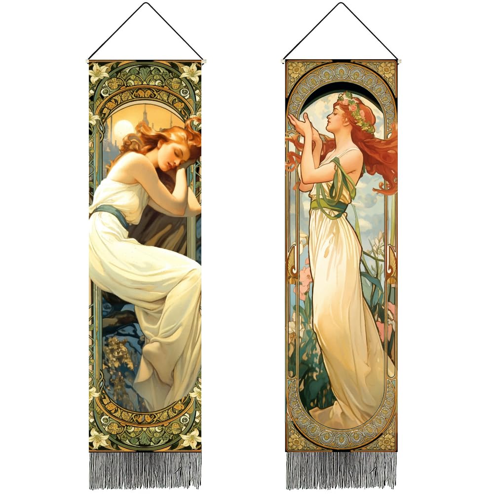 PRESSINART 2Pcs 2 Styles Mucha Tapestry Wall Hanging Vertical Aesthetic Long Narrow Hanging Poster Vintage Wall Tapestry for Living Room Bedroom Bathroom Office Studios Home Art Decor