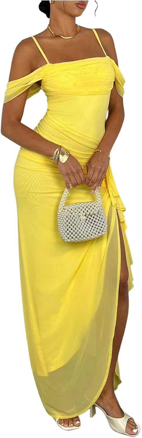 Floerns Women's Elegant Sexy Maxi Dress Cold Shoulder Ruffle Slit Hem Going Out Party Formal Cocktail Dresses