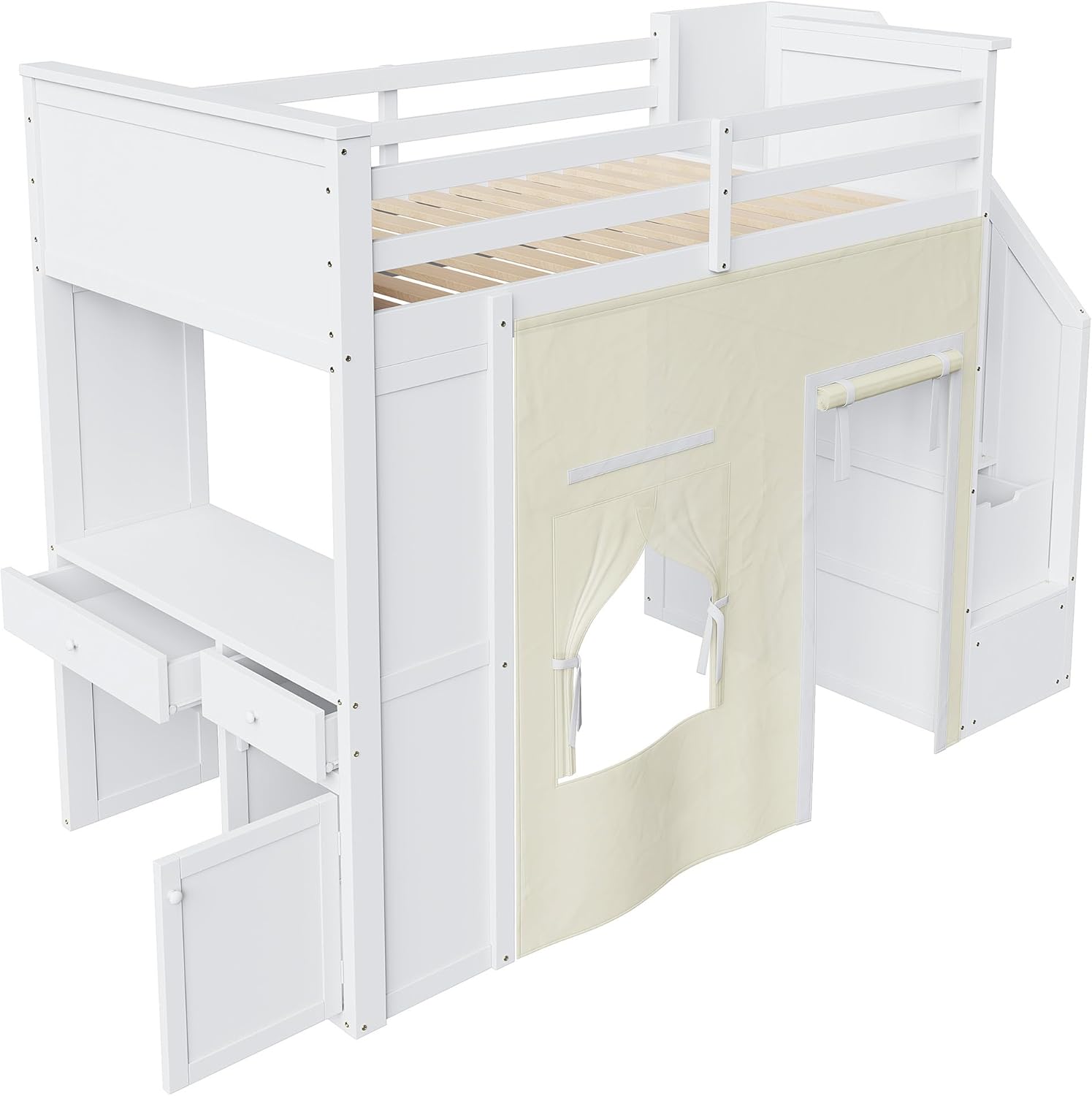 Merax Twin Size Loft Bed with Side Desk and 2 Drawers for Kids, Wooden Loft Bed with Storage Staircase Guardrails and Curtain, Under Bed Play Space, No Box Spring Needed, White
