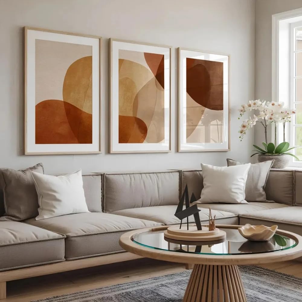 Dittelle Frameless Contemporary Printmaking,Terracotta And Beige Abstract Triptych,Neutral Art For Scandinavian Decor In Living Room(30X40cm/3Pcs )