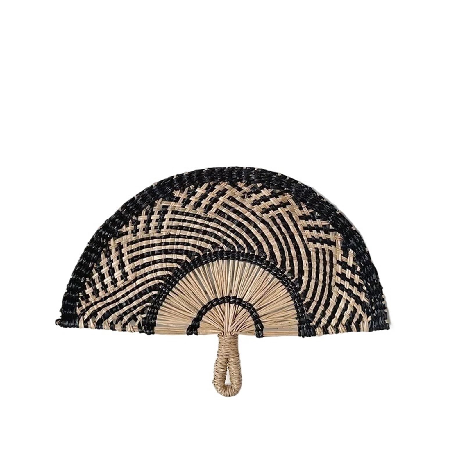 VOPLIVAT Woven Hand Fan, Straw Hand Woven Fan Multicolor 30x23/42x28 cm Handheld Wall Decoration(Black-l)