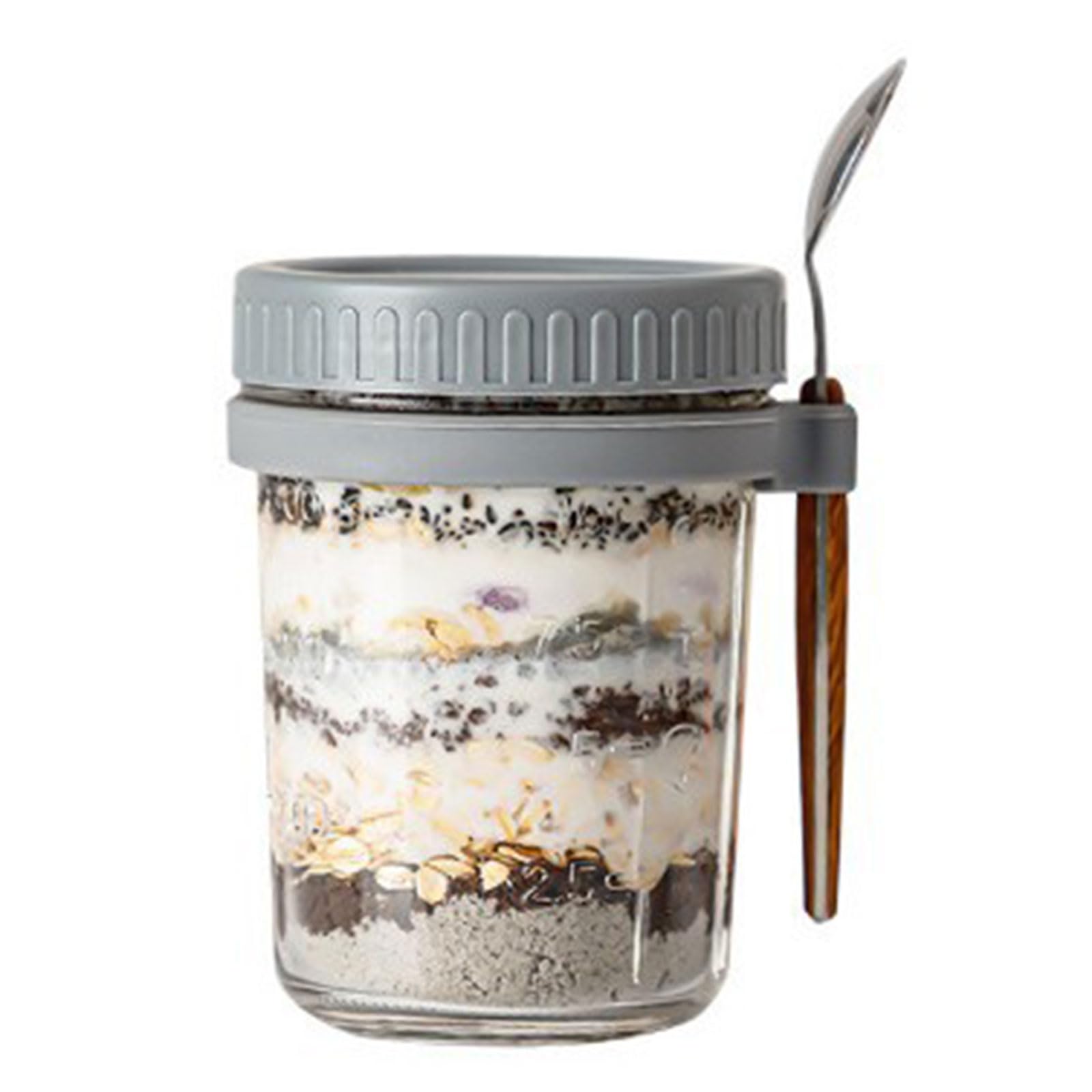 JTQYFI Portable Transparency Oats Jar Cereal Container with Secures Lid and Hanging Spoon for Daily Use Impermeable Glass Cup with Hanging Spoon