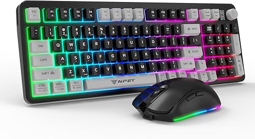 NPET Teclado y ratón inalámbricos gaming con tri-modo, teclado RGB de 98 teclas con perilla y ratón gaming, 12 teclas multimedia para Windows, PC,