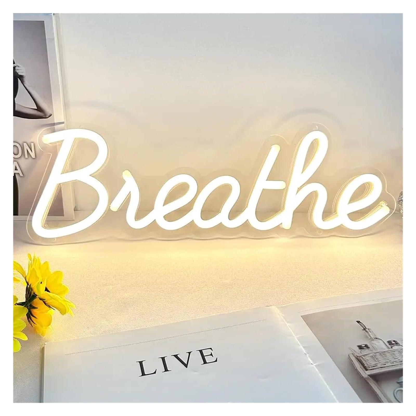 Decoración Lámparas Interruptor De Luz Regulable Con Letrero De Neón Breathe Para Decoración De Pared En El Hogar, Estudio De Yoga, Sala De Lectura O Salón 43x14cm