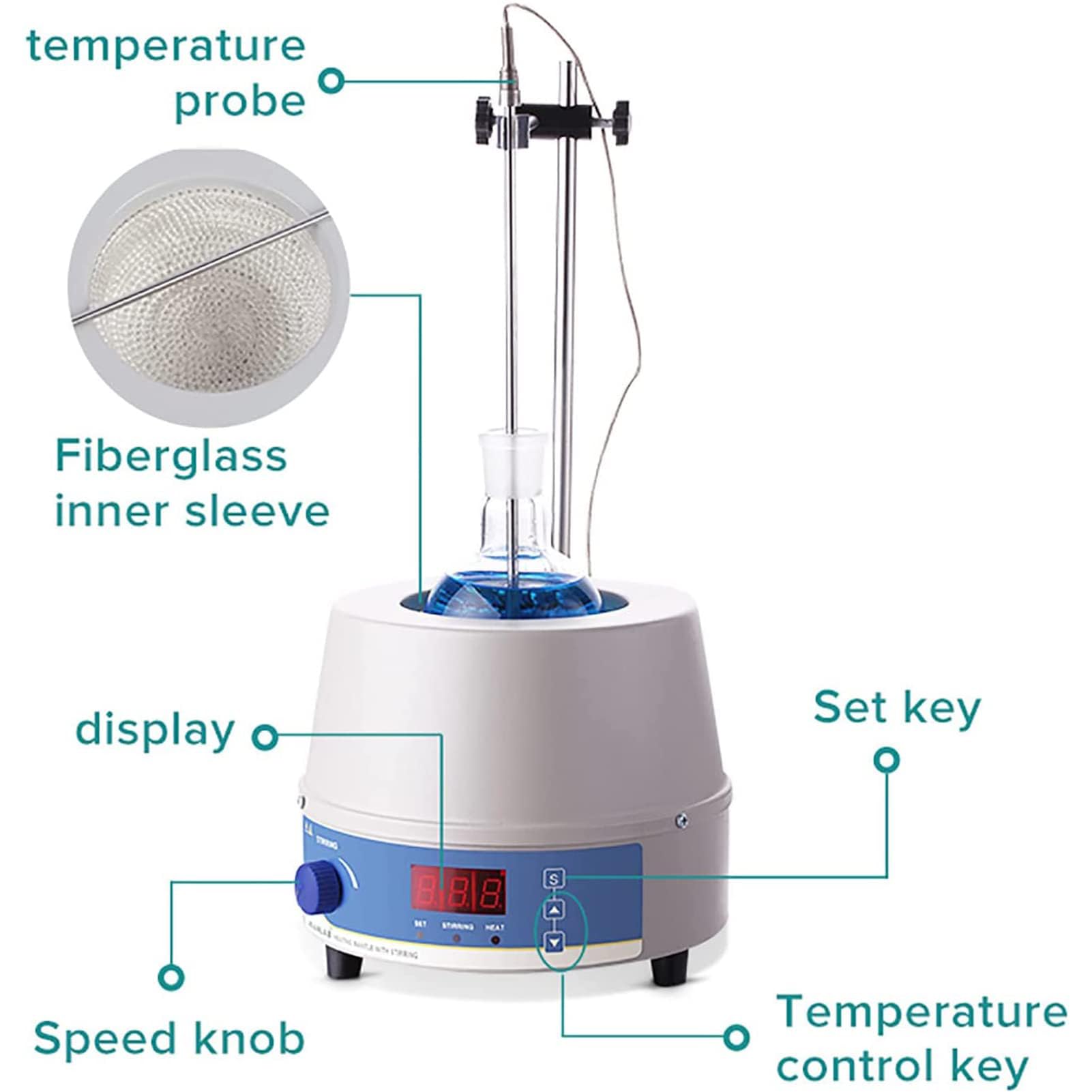 Laboratoryjny grzejnik termostatyczny i mieszadło magnetyczne z cyfrowym wyświetlaczem, sondą czujnika temperatury, maksymalna temperatura 300°C, do ogrzewania cieczy i mieszania sprzętu