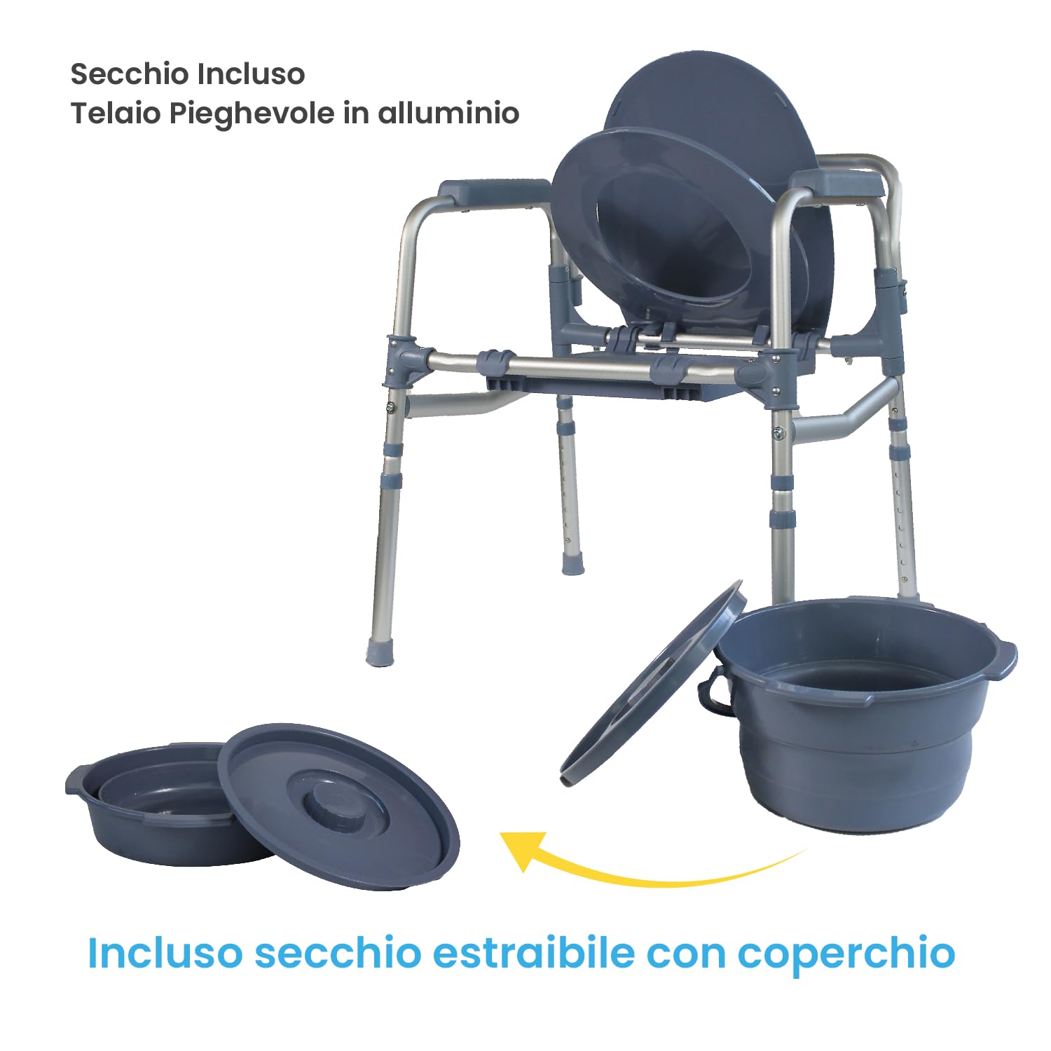 Azione Salute Comoda WC Plus 4 in 1 Pieghevole Leggera Sedia da Doccia, Rialzo WC con Vaschetta a Soffietto