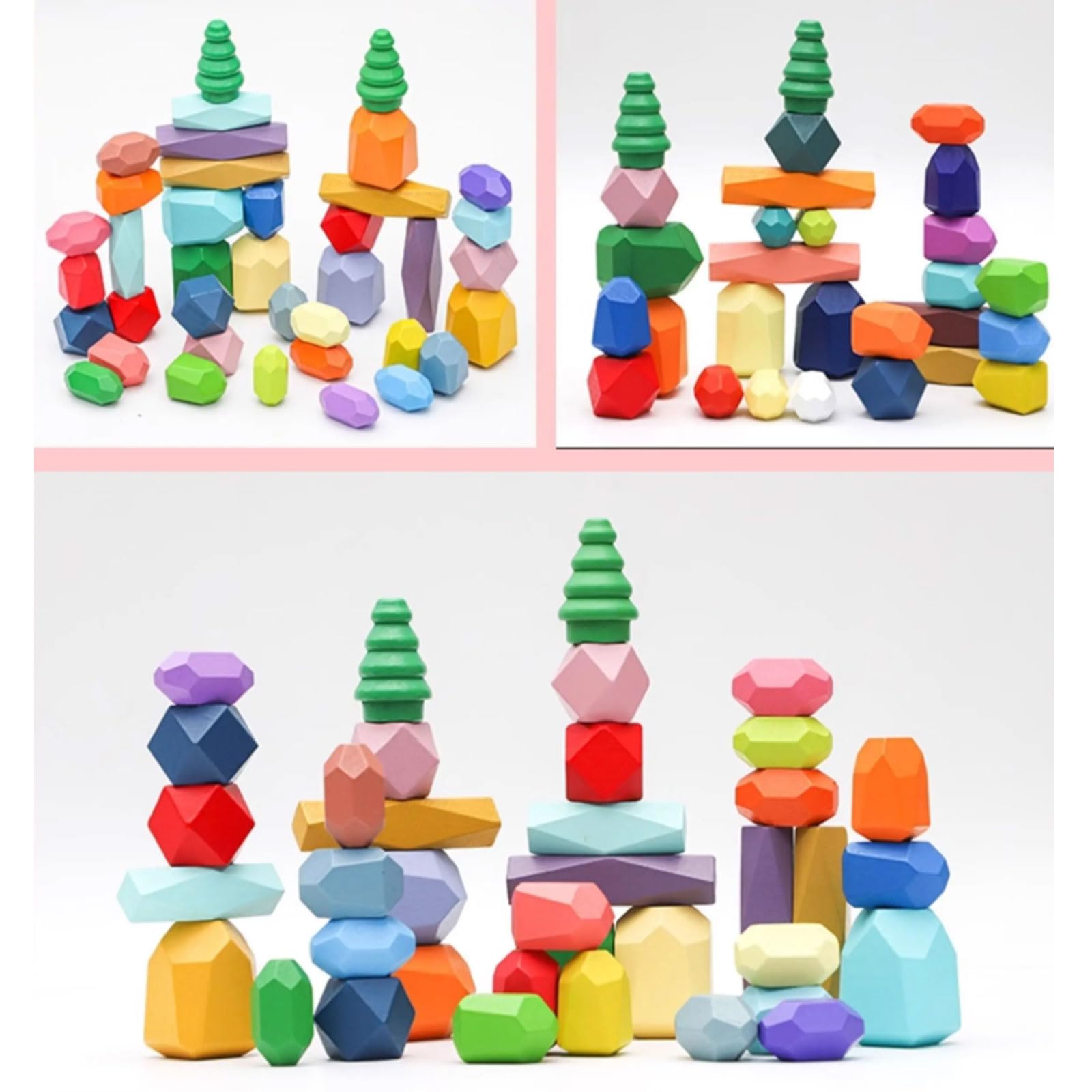 Bloques Equilibrio Madera Montessori con Piedras Apilables Arcoíris | Juego apilamiento piedras coloridas estilo nórdico, juguete educativo sensorial, bloques construcción