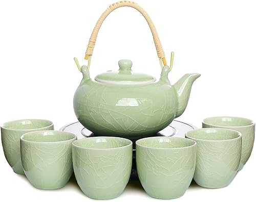 Dahlia Ice Crack Celadon Juego de té de porcelana tetera con infusor incorporado+6 tazas de té en caja de regalo verde