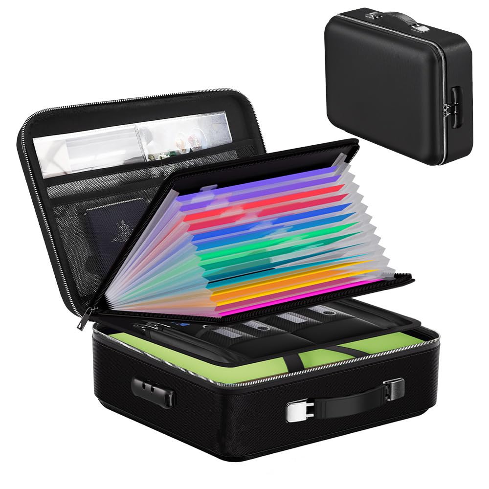 NEWFUN Bolsa Ignifuga, Caja para Documentos Ignífuga, Bolsa Impermeable Ignífuga para Documentos, Bolsa Rígida con Cerradura con 12 Compartimentos para Documentos A4, Certificados, Pasaportes, etc.