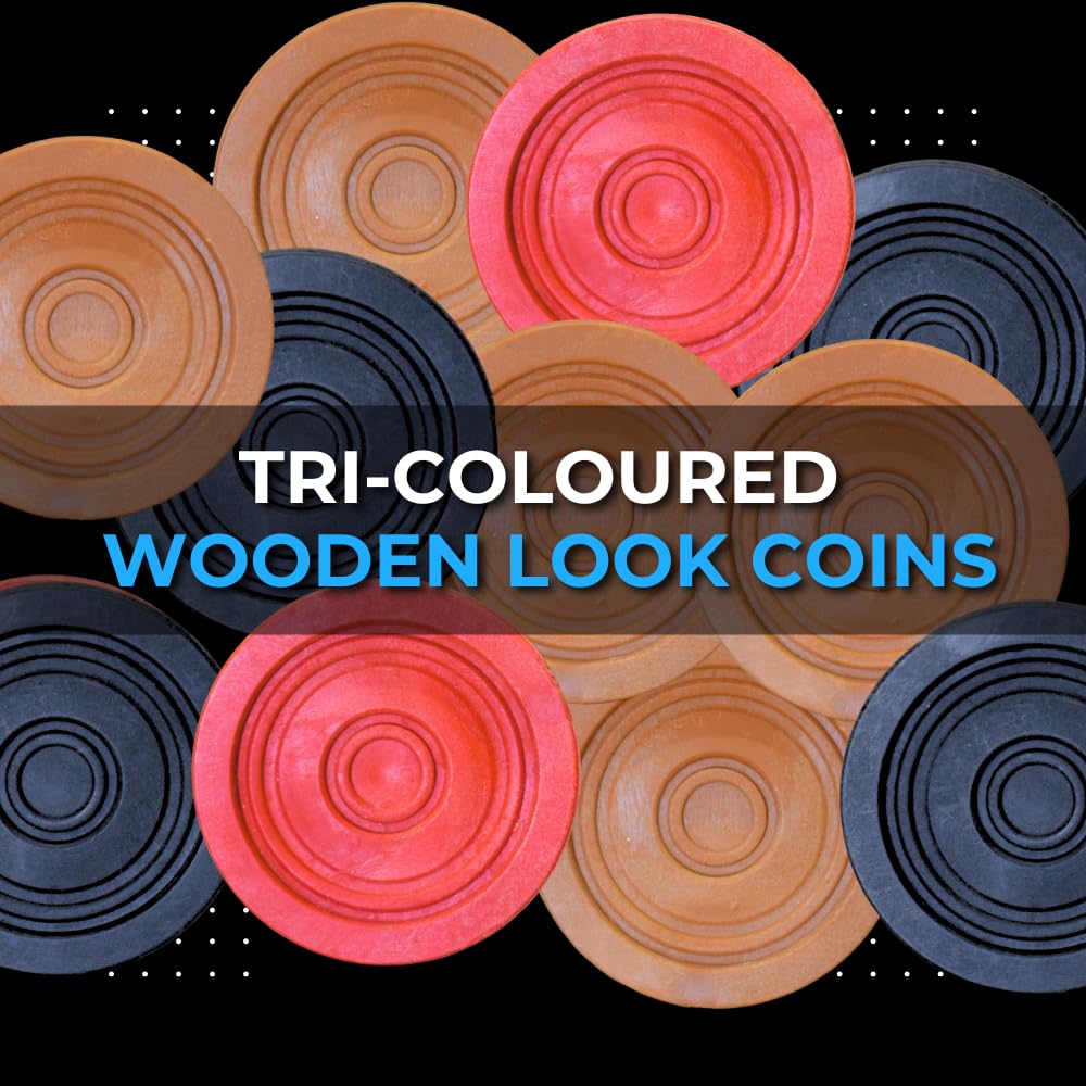 Proverve Carrom Coins Set with Floral Striker & Disco Powder | 8mm Plastic Wooden Look Carrom Board Coins Combo for Kids & Adults | Carrom Accessories Kit (24 Coins) 2