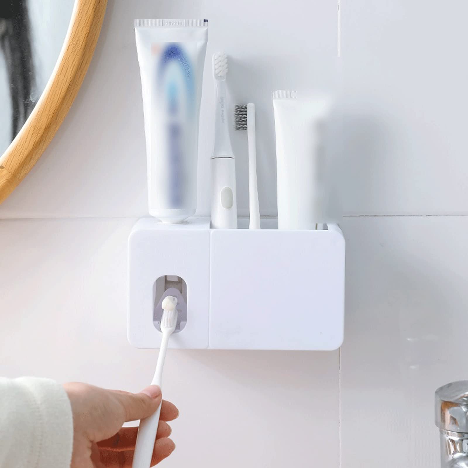 Dispensador automático de pasta de dientes de montaje en pared con exprimidor para baño, soporte creativo de pasta de dientes (azul)