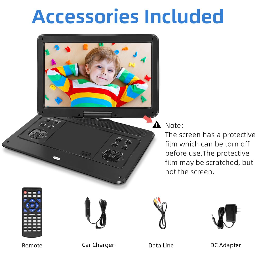 HOPYOP Lettore DVD portatile da 17 pollici con schermo HD 14.1, batteria ricaricabile da 5 a 6 ore, supporta più formati di dischi, scheda SD, USB, sincronizzazione TV, doppio altoparlante ad alto