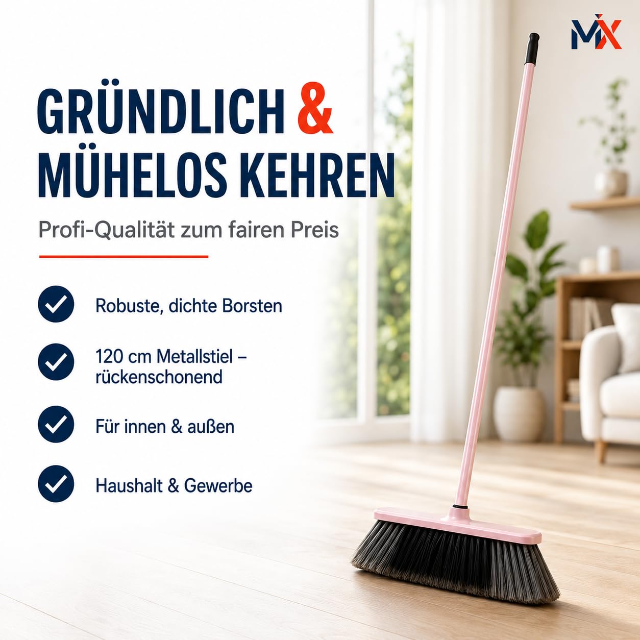 Bodenbesen mit Stiel 120 cm – Kehrbesen mit stabilem Metallstiel, robuste Borsten für innen & außen – Hausbesen, Zimmerbesen, Werkstattbesen für Haushalt, Garage, Balkon & Gewerbe, Rosa
