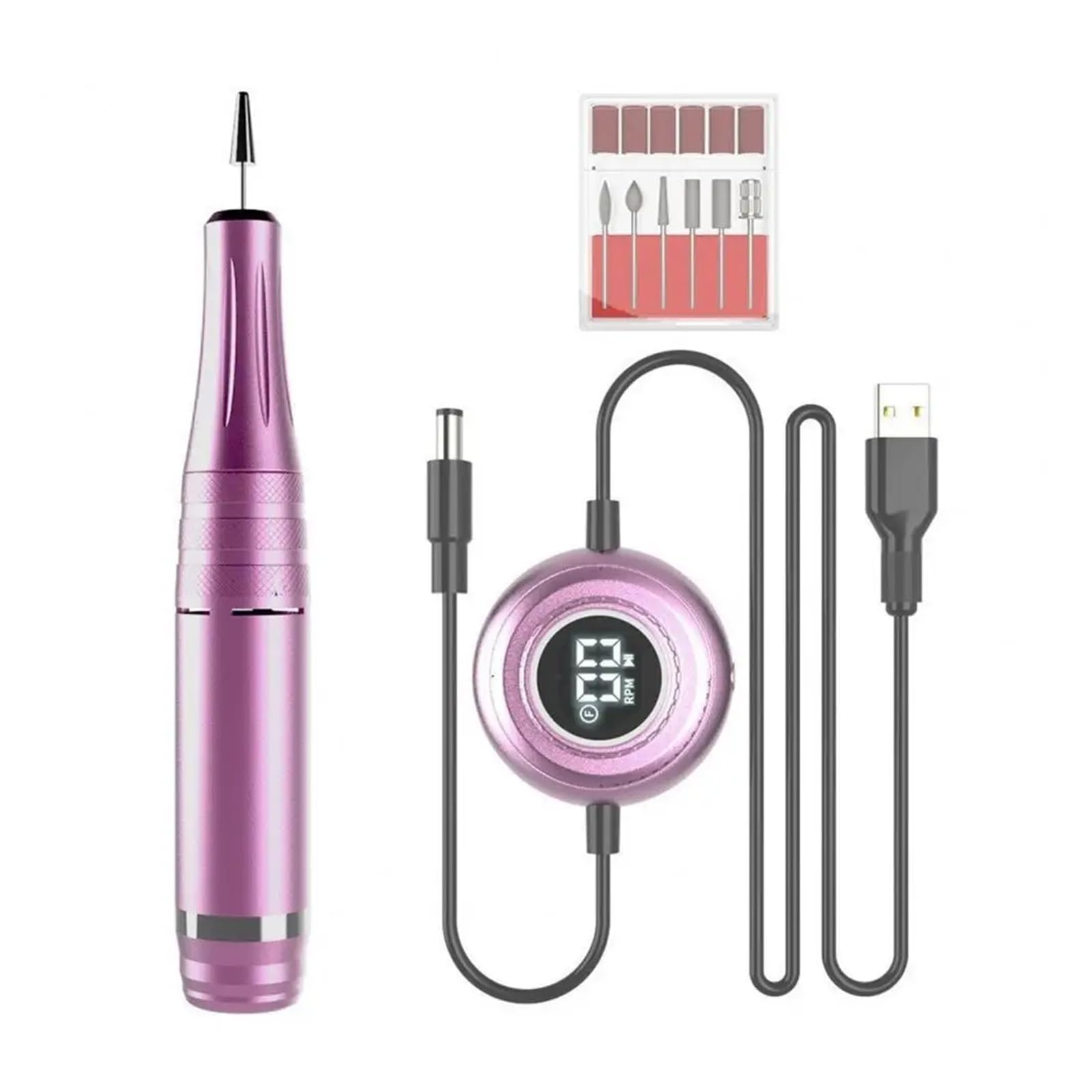 Elektryczna wiertarka do paznokci, Elektryczna polerka do paznokci z 6 końcówkami, narzędzie manicure USB, szybka maszyna o prędkości 35000 obr./min(Pink)