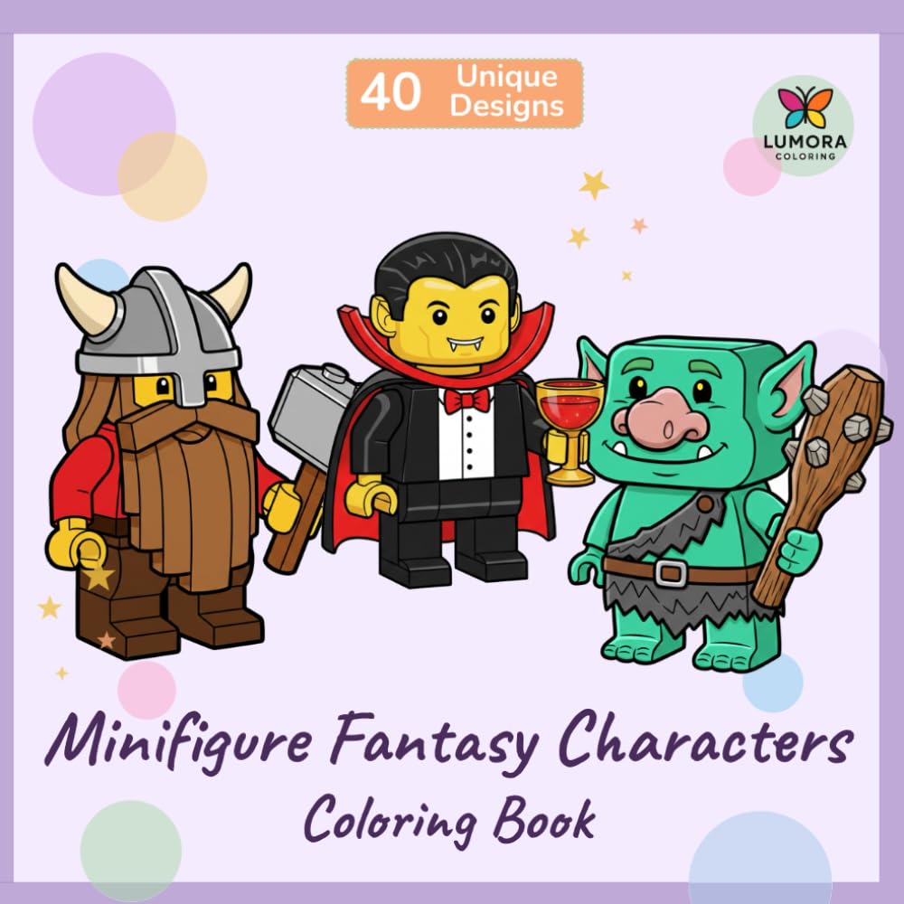Minifigure Fantasy Characters Coloring Book: 40 Magical Creatures for Kids Ages 4-12: Dragons, Wizards, Knights, Goblins & More | Single-Sided Pages | Fun Activity Book for Boys and Girls
