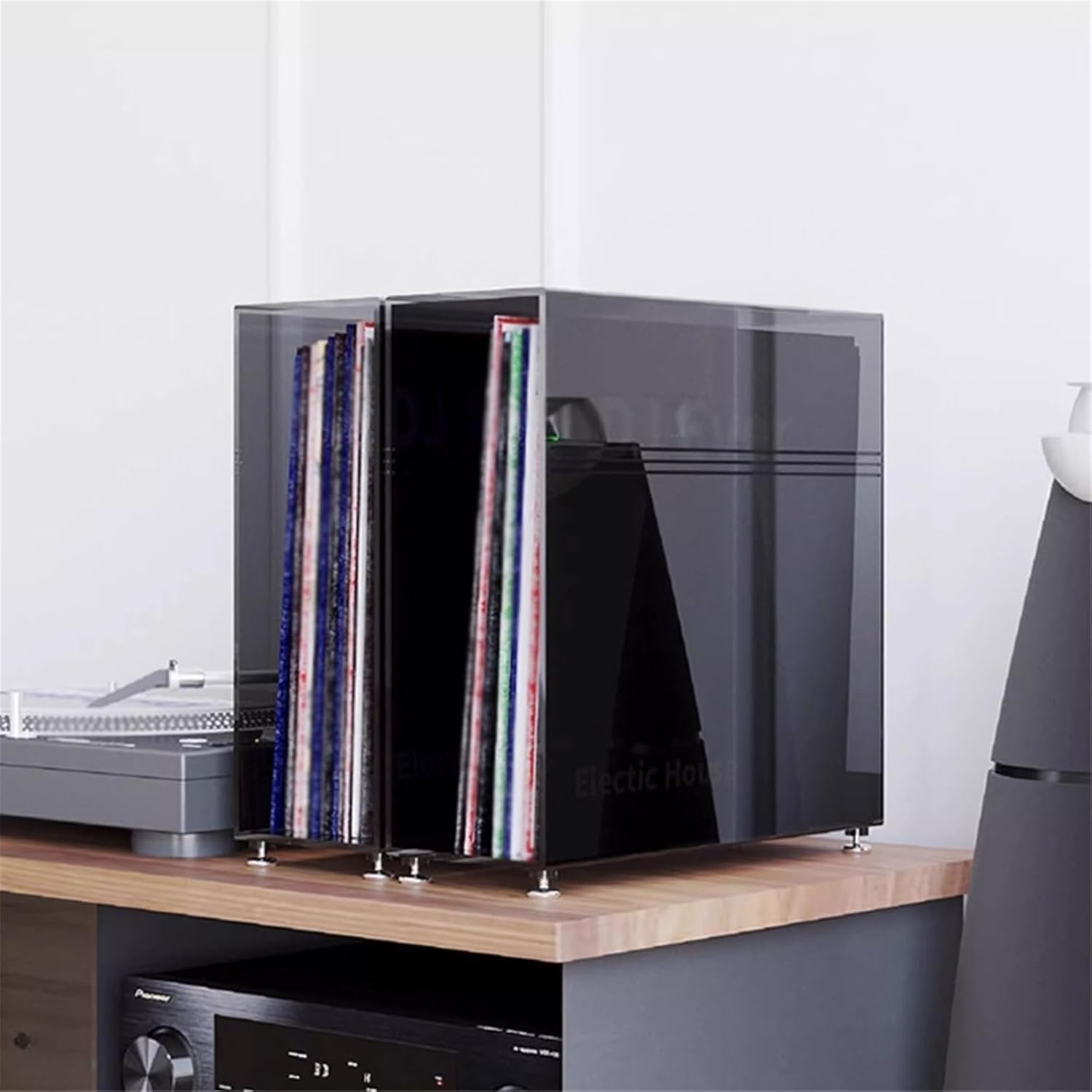ビニールレコードストレージ 家庭用アクリル製レコードラック 卓上縦型CD収納ボックス ステンレス脚付き