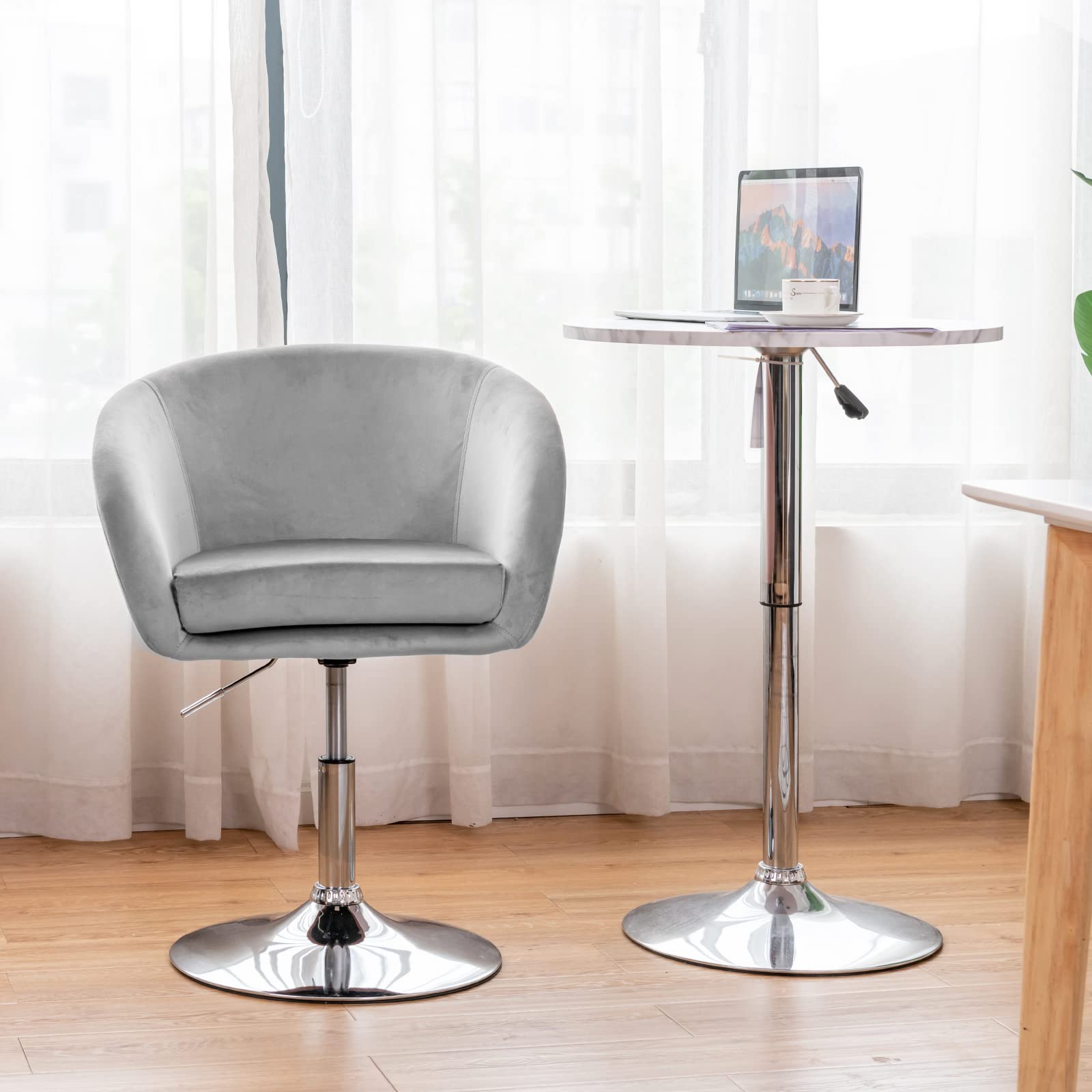 COSTWAY Chaise Coiffeuse Pivotante en Velours, Fauteuil de Bureau sans roulettes Hauteur Réglable, Chaise de Bureau en Éponge Élastique, Base Galvanisée, Charge 125kg(Gris)