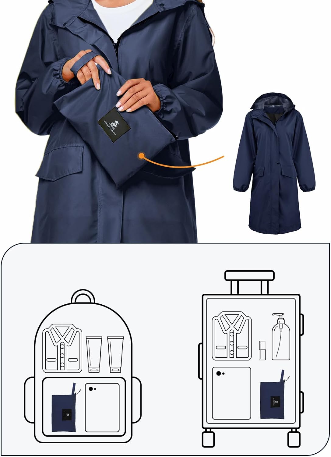 SaphiRose Women's Long Rain Jacket Waterproof Lightweight Hooded Raincoat Packable Knee Length Rain coat - Image 2