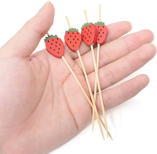 Miniatura 3 de Honbay 100 piezas de palillos de bambú de fresa para cóctel, palillos de frutas divertidos, sándwich, aperitivo, brochetas para decoración de bodas,