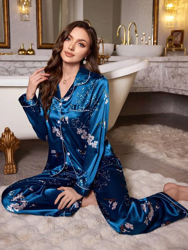 Image of Night Suit for Women with Full Sleeve Button-Down Top with Pant Dress for Woman, Cotton Night Dress for Woman, Two-Piece Loungewear Set