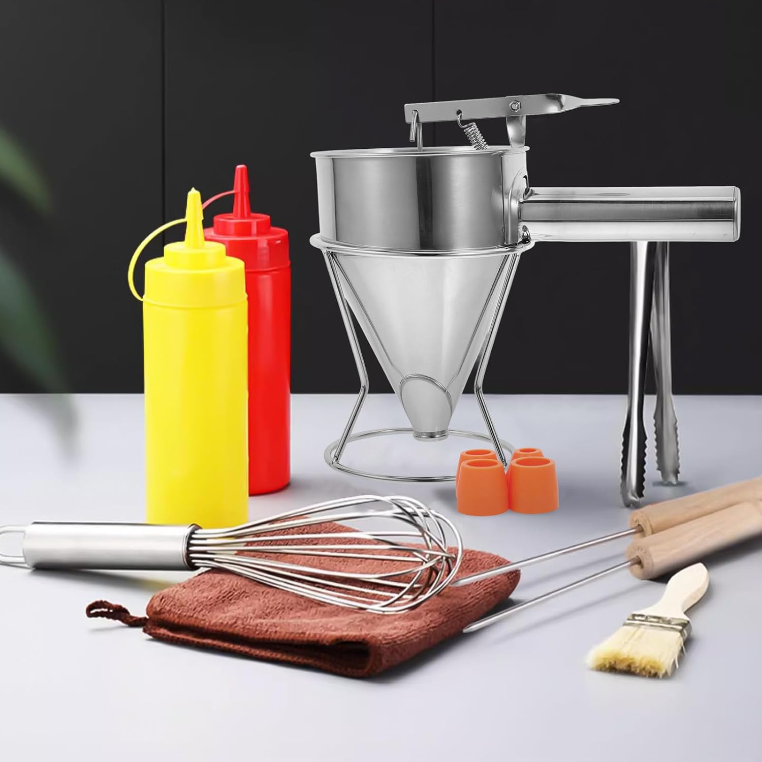 Stainless Steel Small 600ml Batter Dispenser Funnel with Stand Detachable Kitchen Syrup Pouring Tool for Baking and Takoyaki