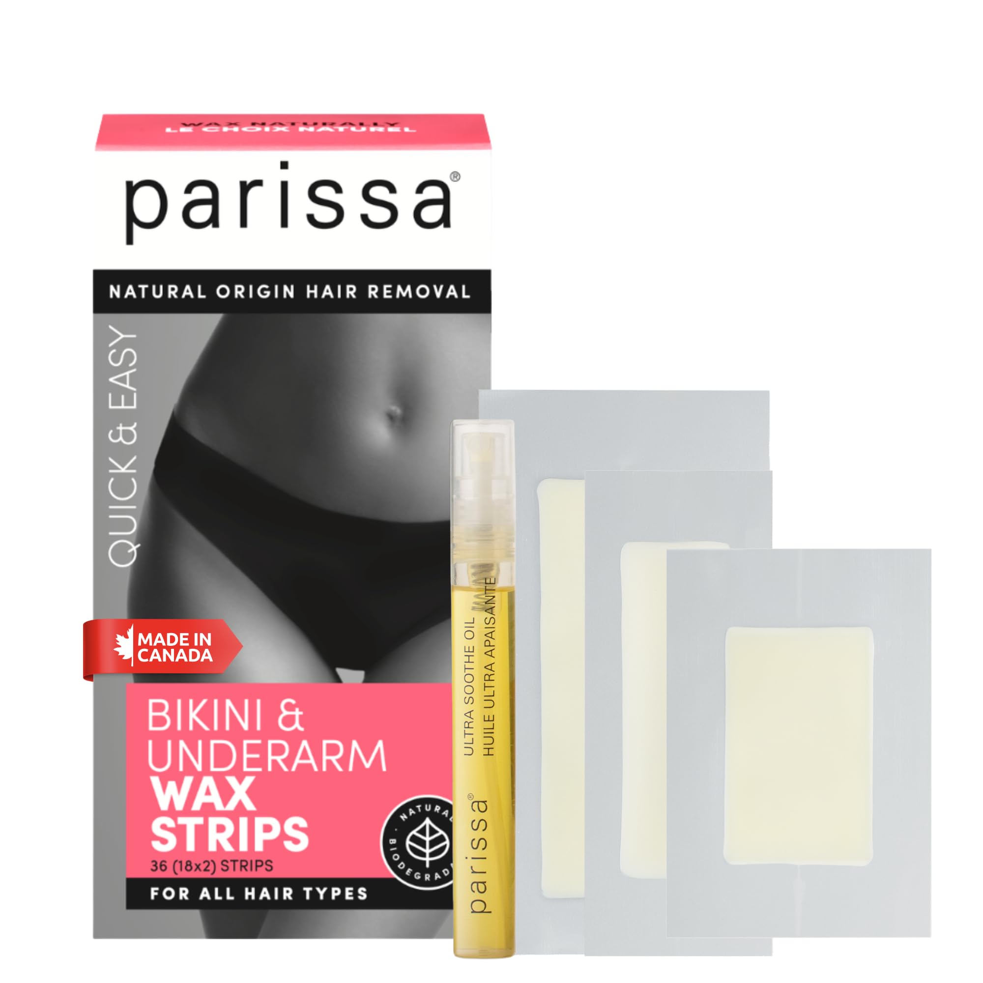 Parissa Natural Bikini & Underarm Wax Strips Kit for Women | Sensitive Skin, Beginner-Friendly | Ready-to-Use Waxing Strips for Brazilian & Intimate Areas | 36 Count (18 x 2), 3 Sizes