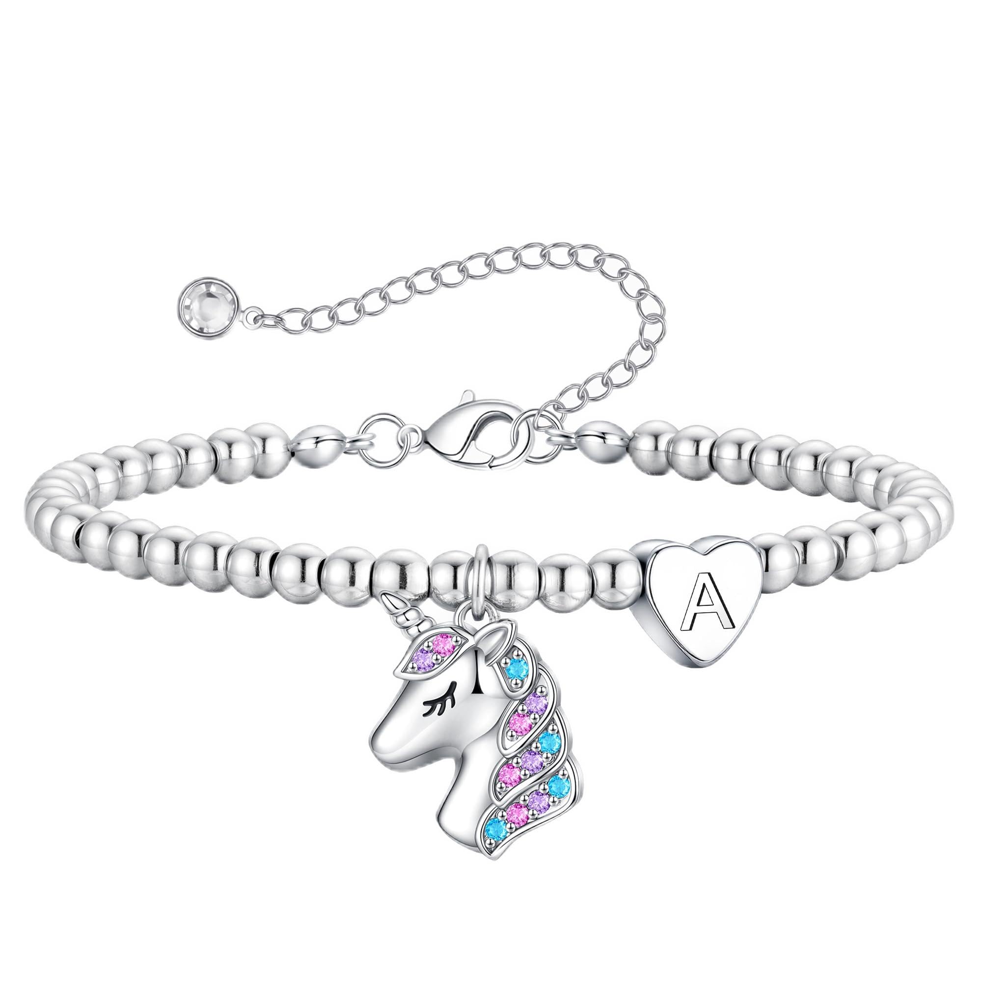Turandoss Einhorn Armband für Mädchen - 14K Weißgold Vergoldet Silber Herz Perlenarmband mit Buchstaben für Mädchen Kinderschmuck, Einschulung Geschenk Einhorn Geschenke für Tochter Enkelin