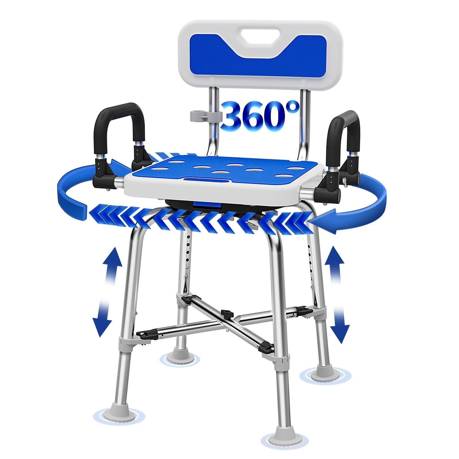360° Swivel Shower Chair with Arms and Back, Heavy Duty 500 lbs Bariatric Bath Bench for Seniors Elderly Disabled Adults, Upgraded Adjustable Height Shower Stool for Inside Shower Stall