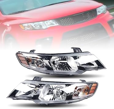 For 2010 2011 2012 2013 Kia Forte/Forte Koup EX LX SX Driver and Passenger Side Halogen Headlights Headlamps Assembly Replacement Black Housing Clear Lens