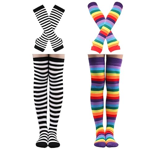 Barrlves 2/4 Sets Womens Striped Knee High Socks Long Knitted Arm Warmers Fingerless Gloves for Halloween Costume - 2sets Striped Black+rainbow Purple