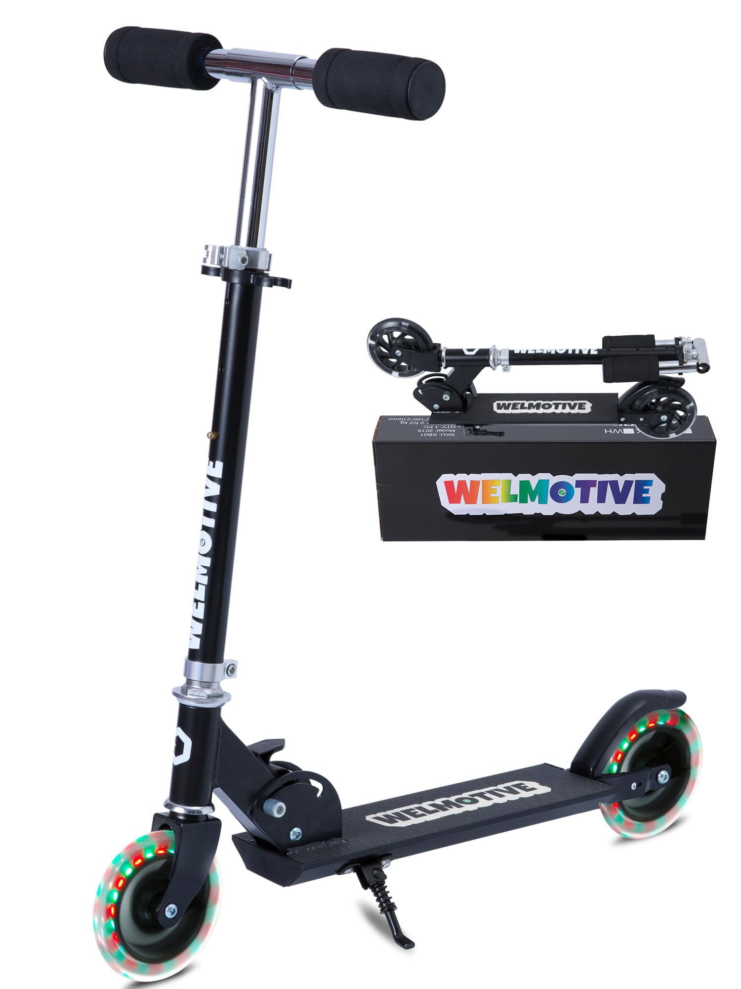 Welmotive Kinderroller mit LED Rädern Klappbarer Scooter aus Aluminium höhenverstellbar Tretroller für Kinder ab 3 Jahren bis 50 kg belastbar Geschenkidee für Geburtstag Weihnachten Schwarz