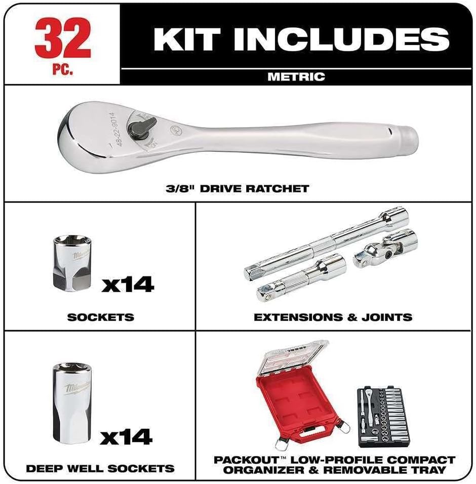 48-22-9482 for Milwaukee 3/8 in. Drive Metric Ratchet / Socket PACKOUT Set (32-Piece