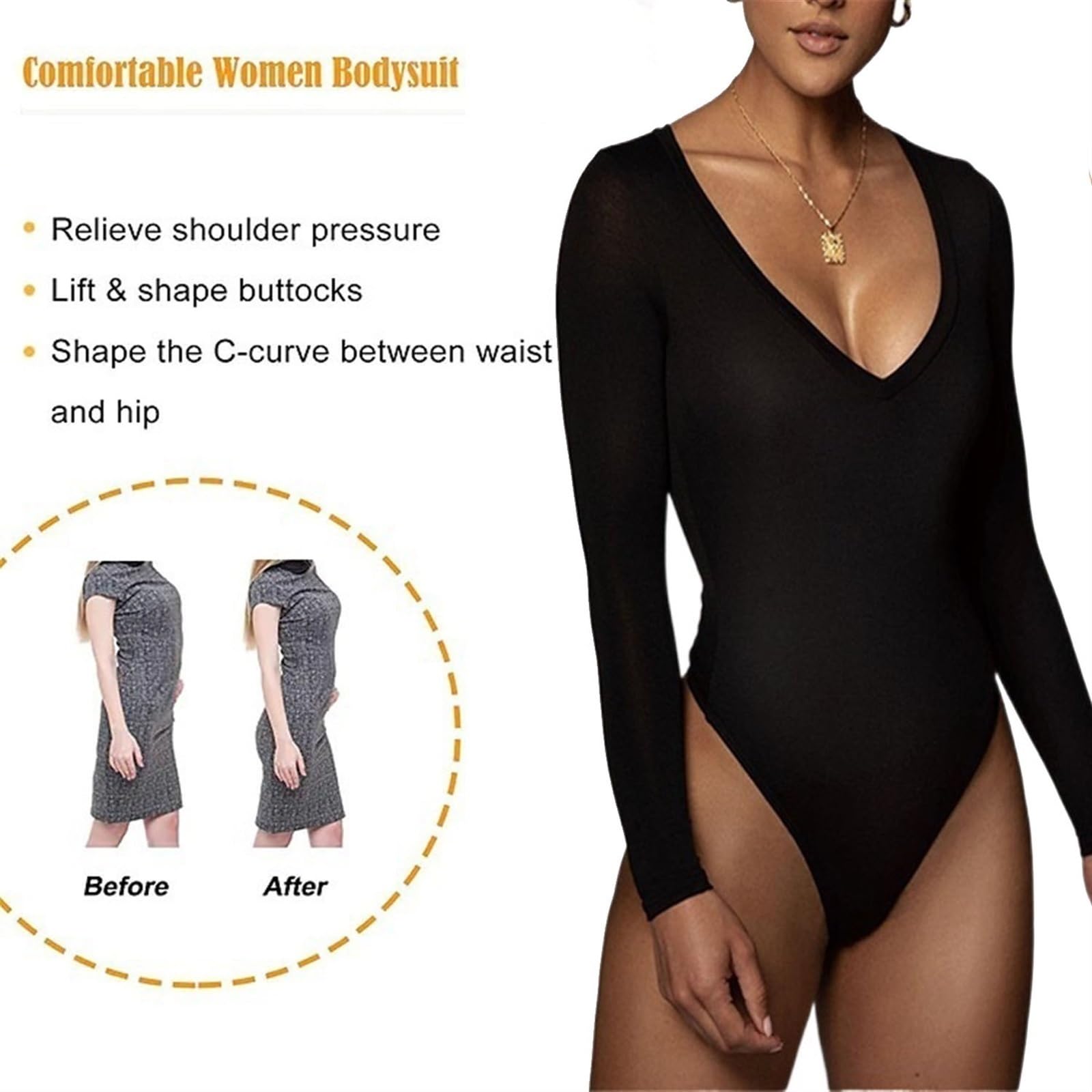 LYGBAOFUL Damskie body wyszczuplają brzuch Z długim rękawem Stringi Body Seksowne body dla kobiet Topy z głębokim dekoltem w serek