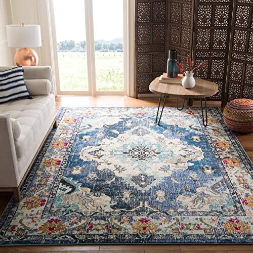 SAFAVIEH Monaco Collection 6'7" x 9'2" NavyLight Blue MNC243N Boho Chic Medallion Distressed Non-Shedding Living Room Bedroom Dining Home Office Area Rug