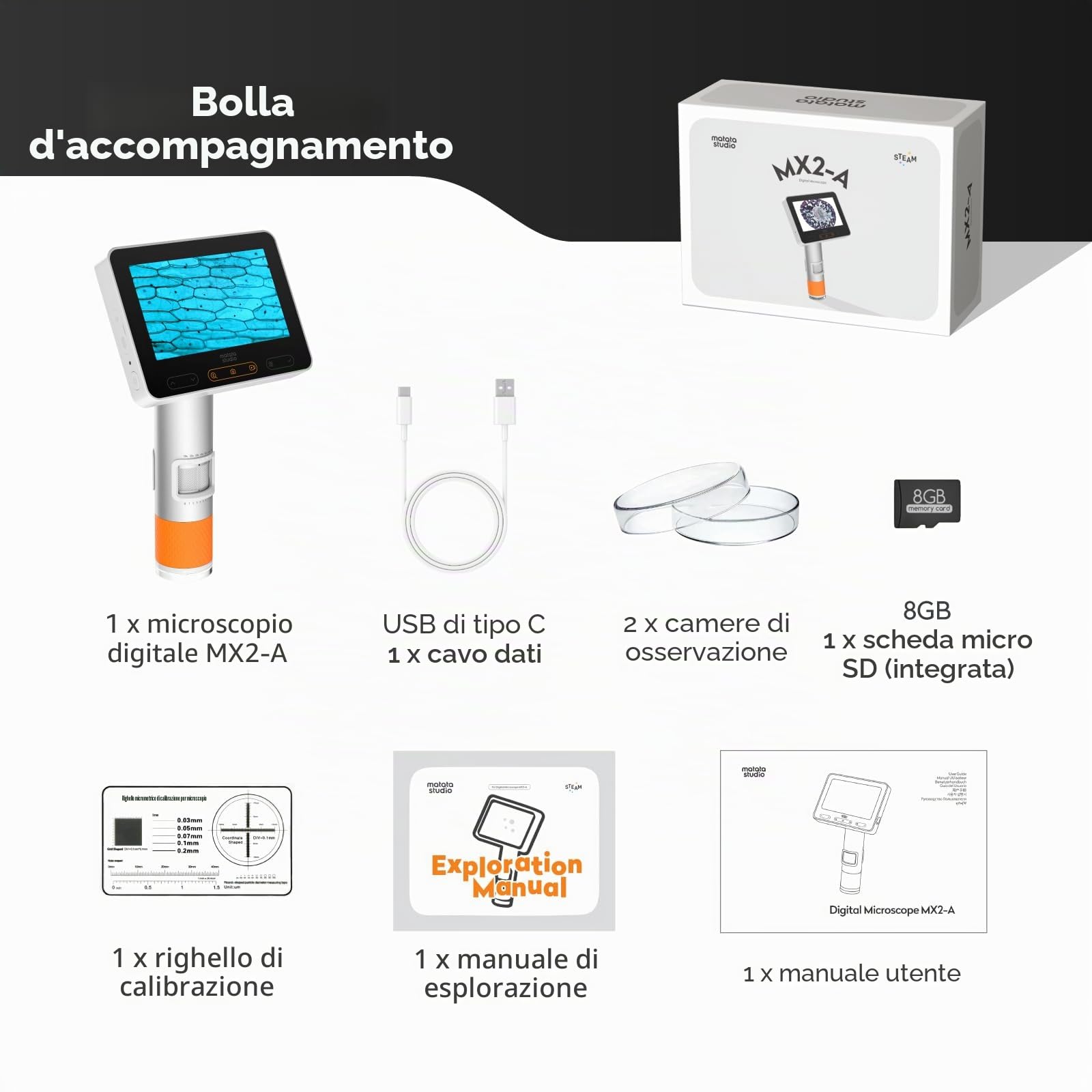 MX2-A Microscopio portatile per bambini, microscopio digitale portatile 100-1600X con schermo LCD da 4,3" 1080p, MatataStudio Wireless USB, microscopi educativi per bambini e adulti