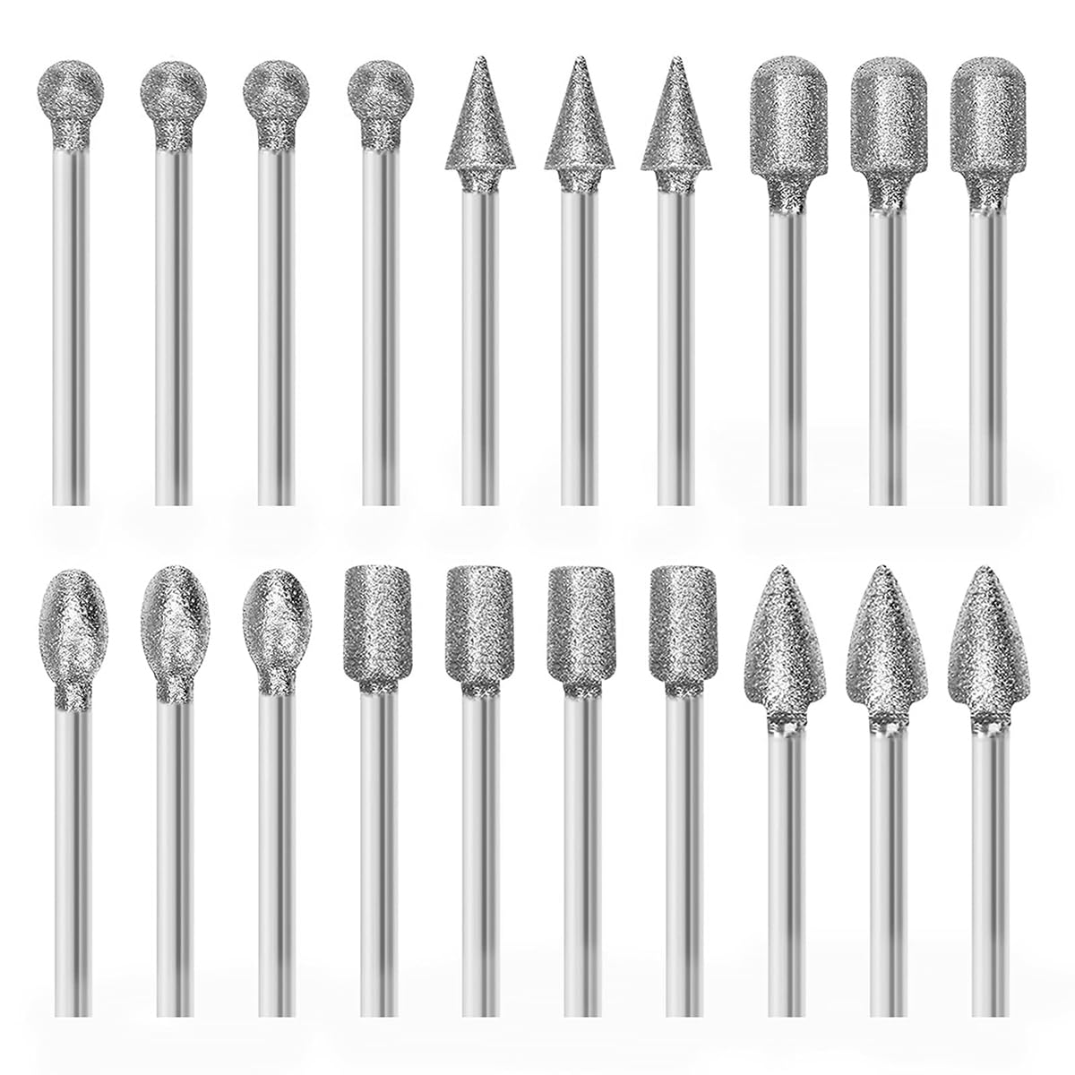 Serplex® 20Pcs Diamond Drill Bit Set, Stone Carving Rotary Tool Polishing Bits with 1/8-inch Shank, 6 Designs, Flat-faced Head, Spear Tip Bits, Ball Tips Bits, Tapered Bits, Round Bits, Oval Tips-image-43