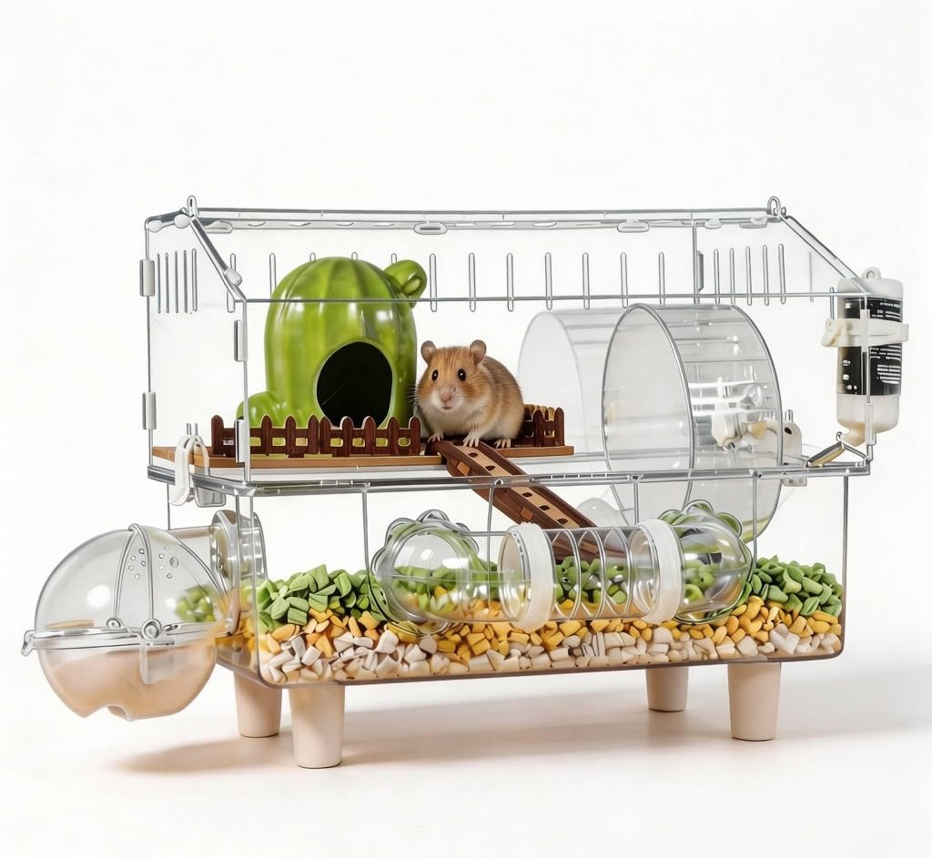 8-in-1 Acrylic Hamster Cage, Clear Transparent Habitat with All Accessories, Multi-Level Small Animal Enclosure with 2 Hideout for Summer and Winter