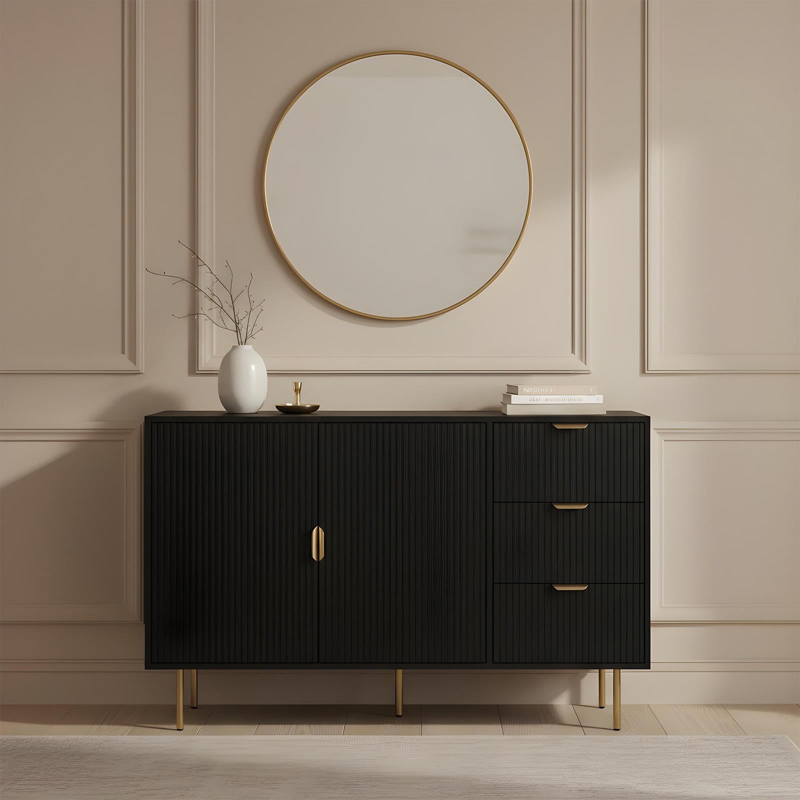 OHS Sideboard Cabinet, Decorative Ribbed Wooden Buffet Storage Cabinet with 2 Doors and 3 Drawers Sideboards for Living Room Hallway Kitchen, Black - 120 x 40 x 77cm