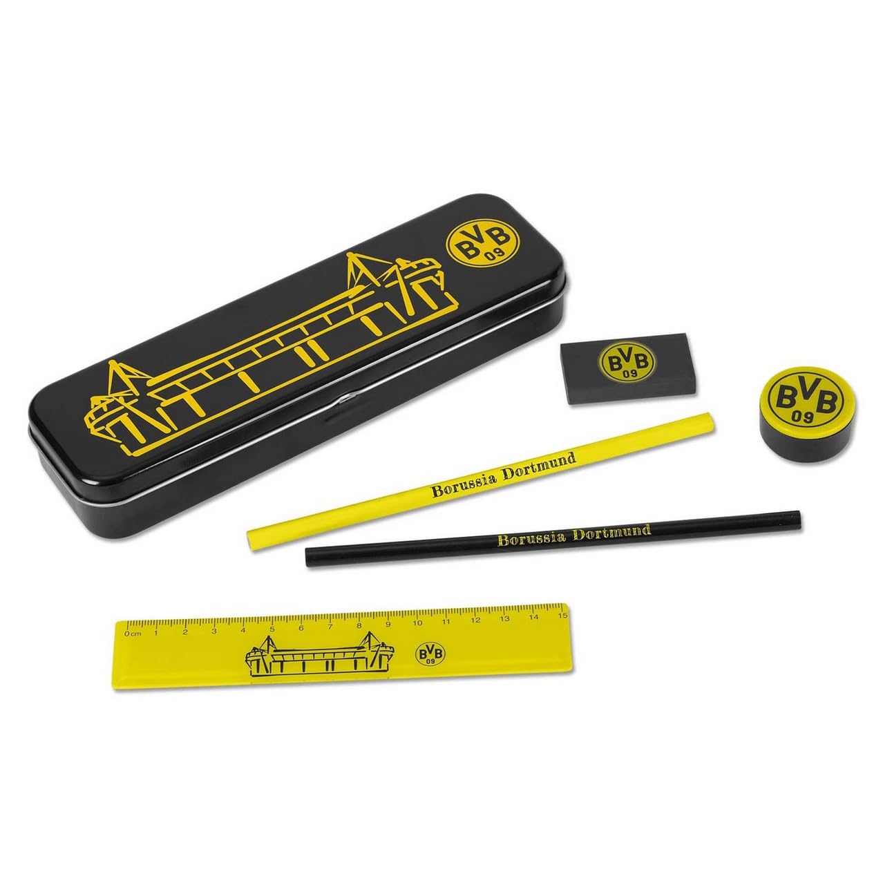 Borussia Dortmund Set de Escritura Unisex Juvenil con Caja de Metal, Exclusivo BVB, Negro y Amarillo, 21 x 7 x 4 cm