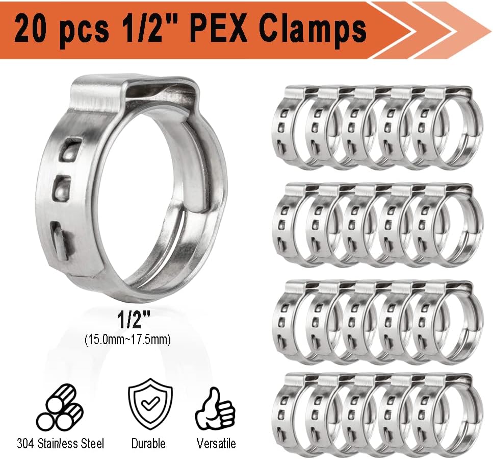 TT Flex Brass PEX Fittings All in One Kit with 12 Pcs 1/2" Tee Elbow Coupling Pipe Fittings，Pex Cinch Clamp Fastening Tool,Pipe Cutter and 20 Pcs 1/2" PEX Clamps