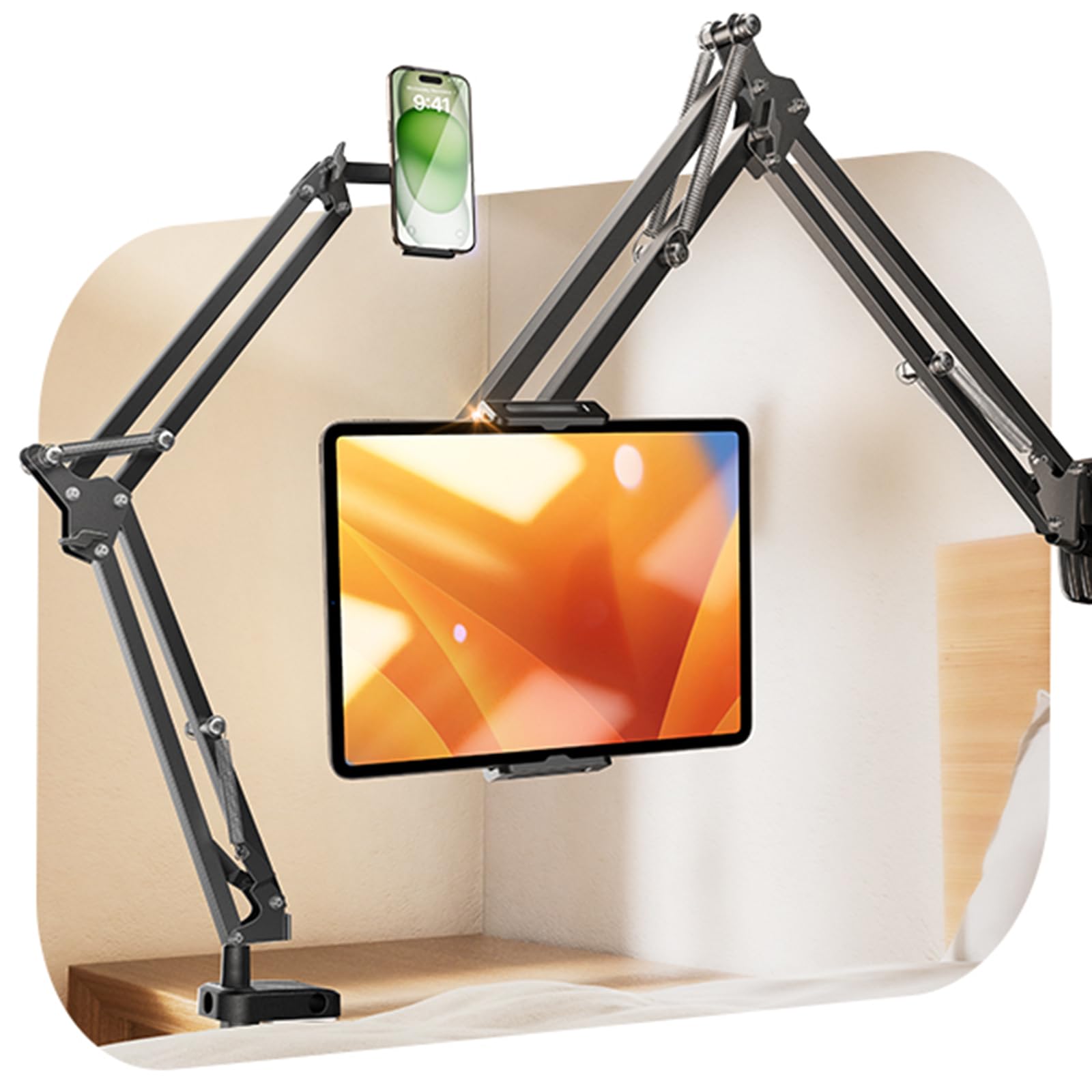 LISEN Tablet Phone Holder Stand Ultra Sturdy Desk Mount, 2 Clamps, Gooseneck Mobile Holder for Bed, Fits iPhone, iPad, Kindle & 4-13" Devices