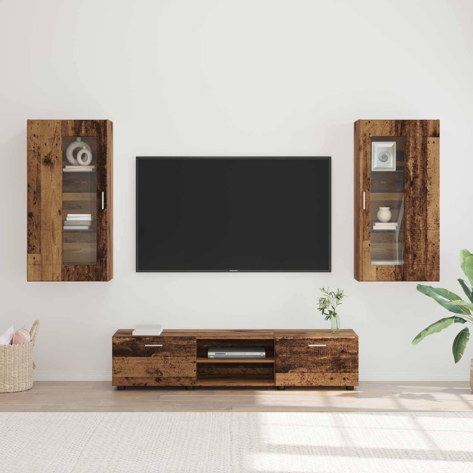 Florin - Set di 3 mobili per TV con cassetti, in legno anticato, per soggiorno, scaffale basso, portaoggetti moderno per la famiglia