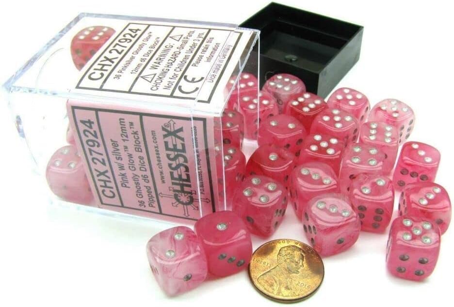 DND Dice Set-Chessex D&D Dice-12mm Ghostly Glow Pink and Silver Polyhedral Dice Set-Dungeons and Dragons Dice Includes 36 Dice – D6 (CHX27924)