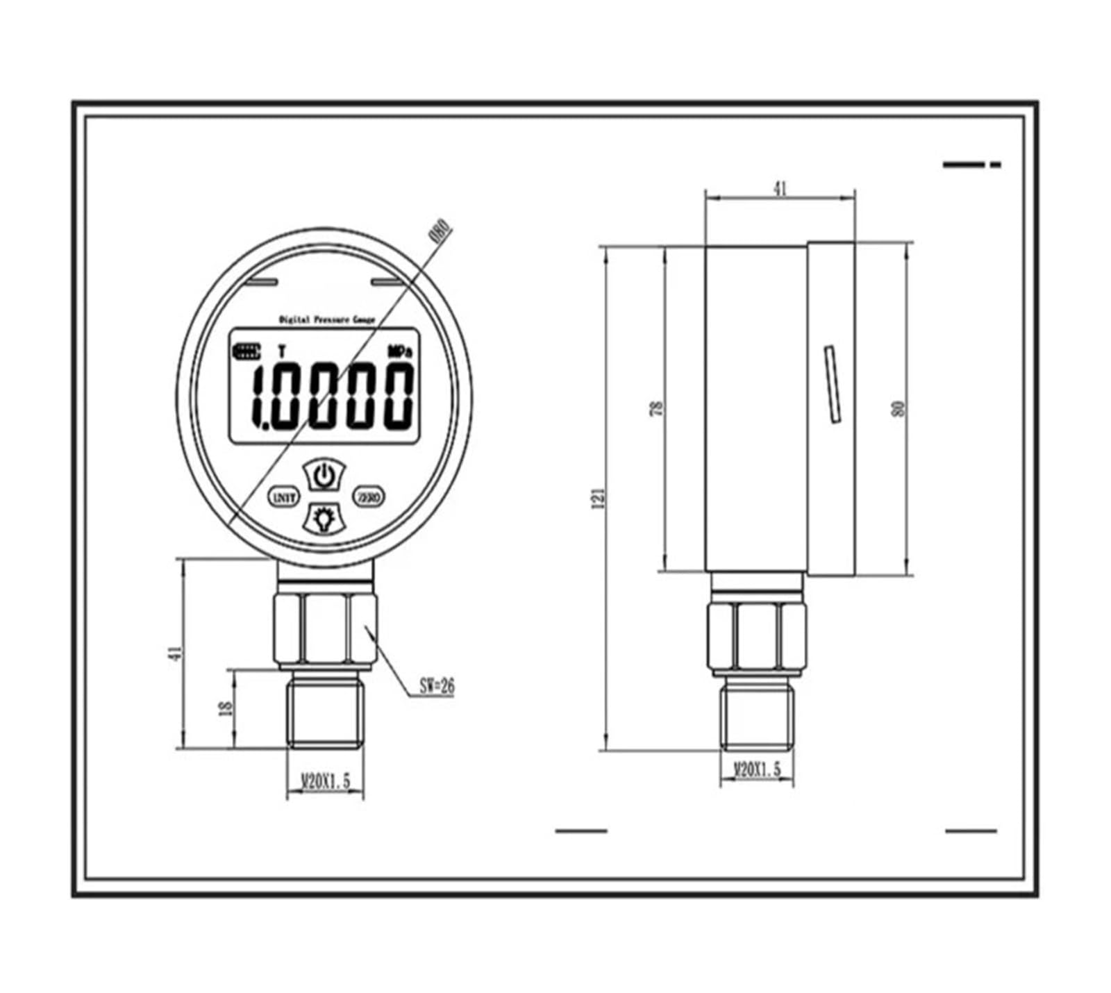 Manómetro digital YB80A, alimentado por batería, de alta presión, de vacío, de precisión, con pantalla LCD y carcasa de acero inoxidable.(NPT1-2,0-10Bar)