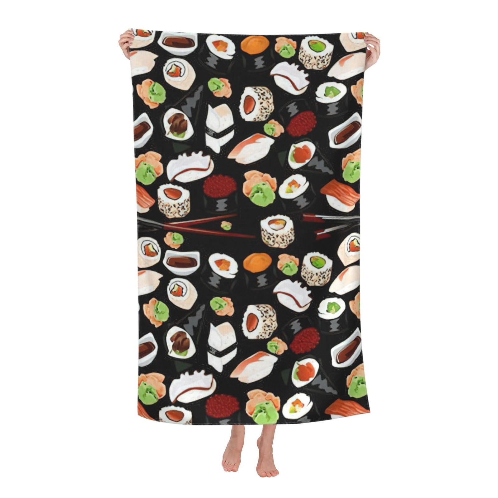 NImongt Japanese Sushi Black Print Oversized Adult Beach Towel For Travel Weekend Getaways Festivals Camping Trips